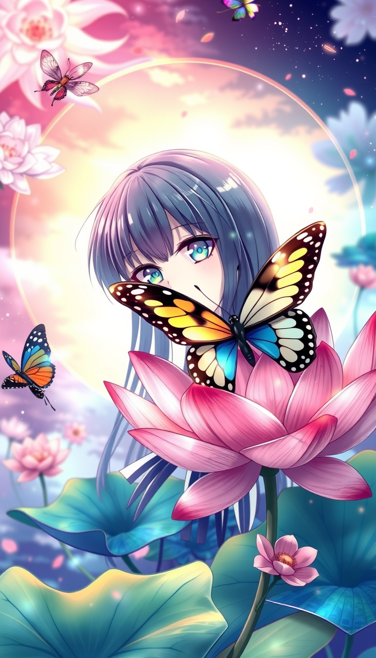 Anime idea created from the prompt: anime style, vibrant colors, expressive eyes, Lotus with butterfly , detailed anime illustration
