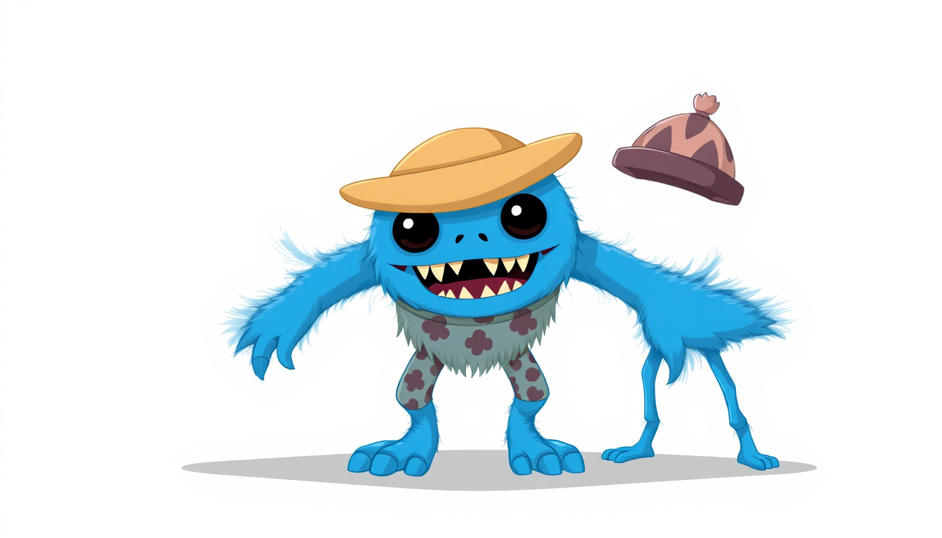 Characters idea: an original character defined by silhouette, role, outfit, palette, and expression, deliberate composition, I want a blue monster that is cute with st