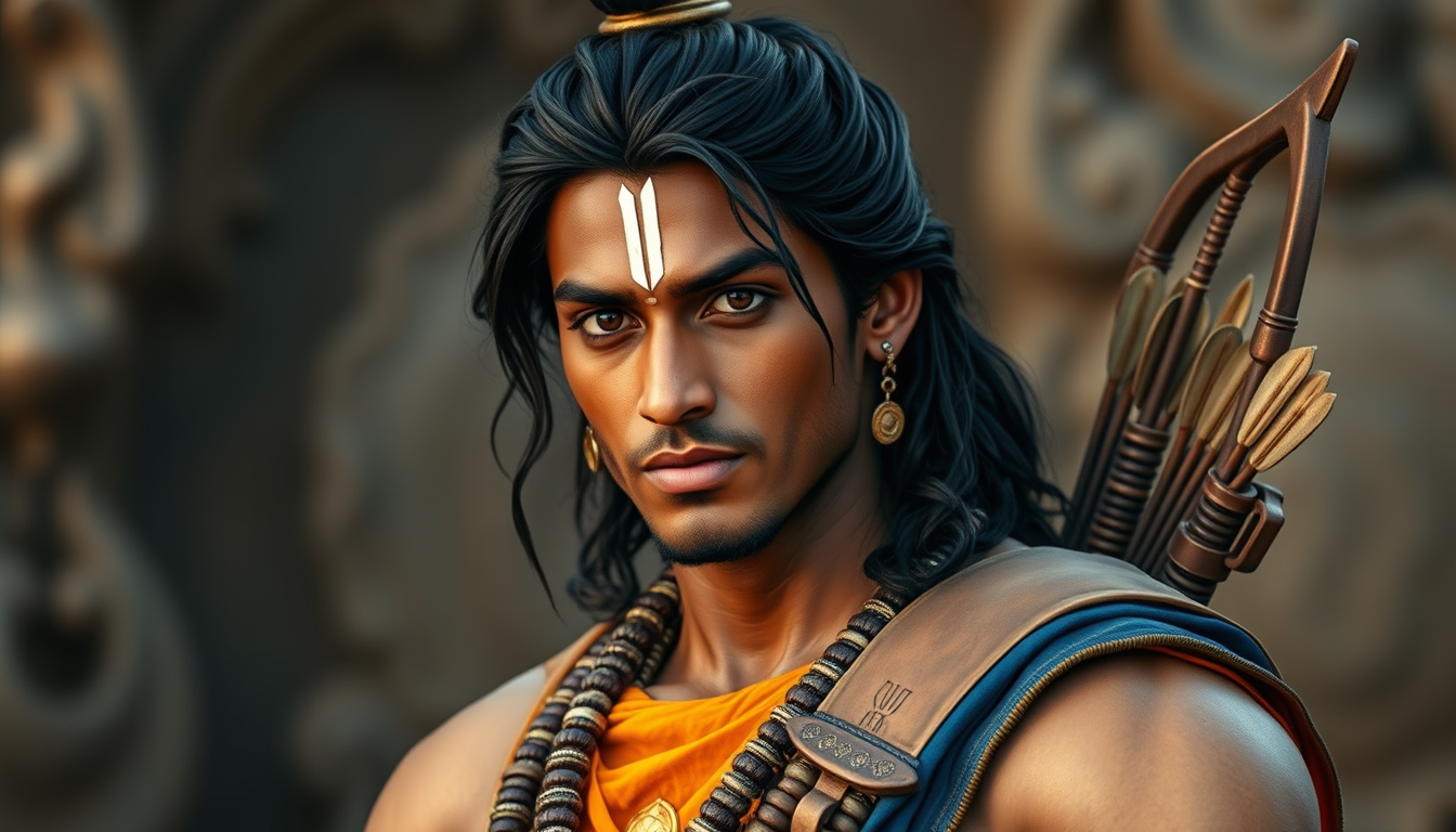 AI Art prompt example created from the prompt: Lord Rama, A handsome Indian prince around 30 years old with warm bronze skin, athletic build, calm and compassionate face, sharp jawline, l