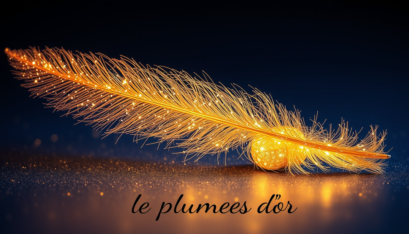 Main art studio: plusieurs magnifique plume entièrement faite d’or pur, très détaillée, avec des reflets dorés brillants, posée délicatement sur un fond bleu nuit somb