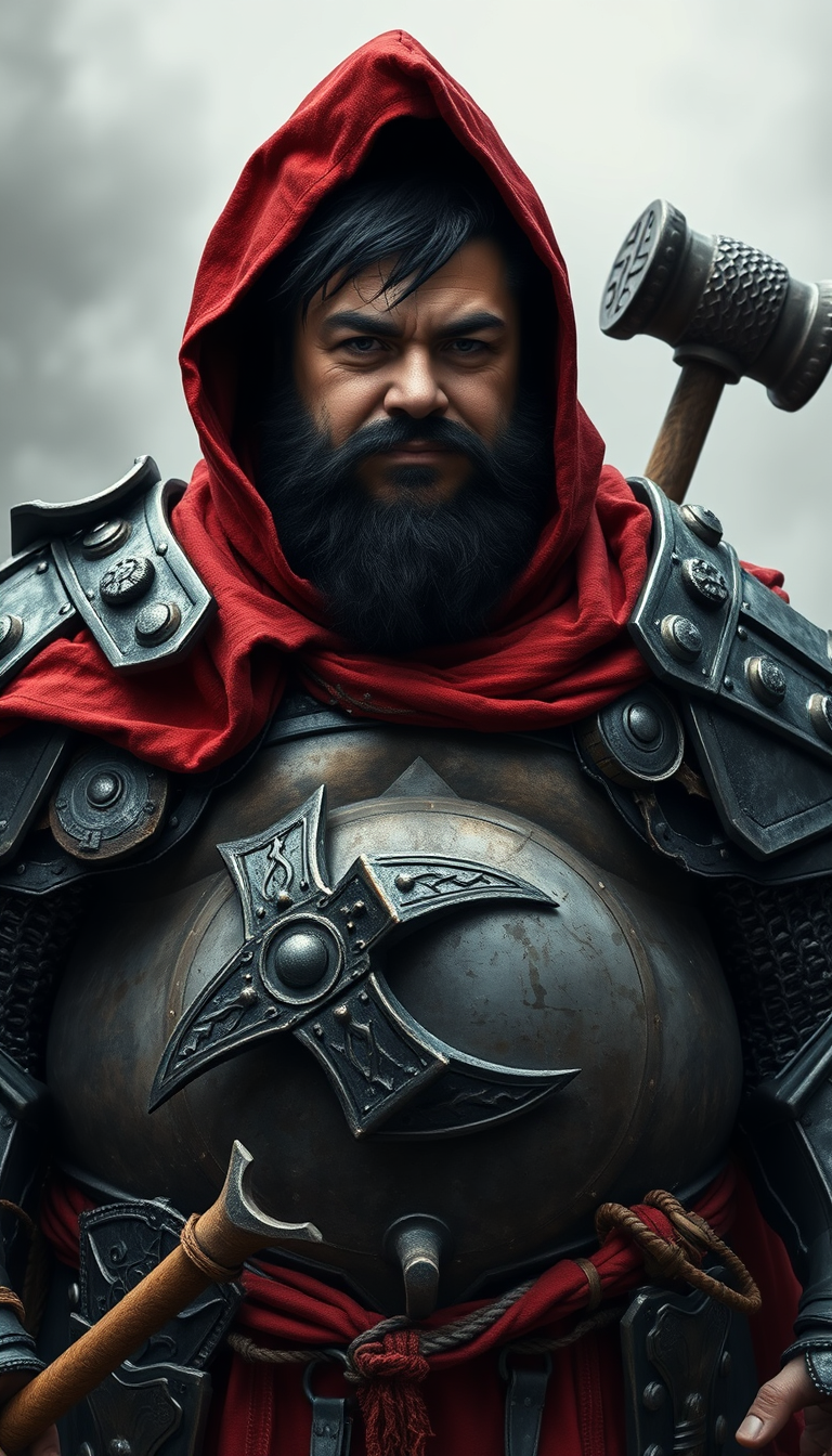 Main art studio: adult male, black hair, fat warrior fat belly out of iron armor, wearing war hood, dark iron armor with red linen armor design, holding a hammer with