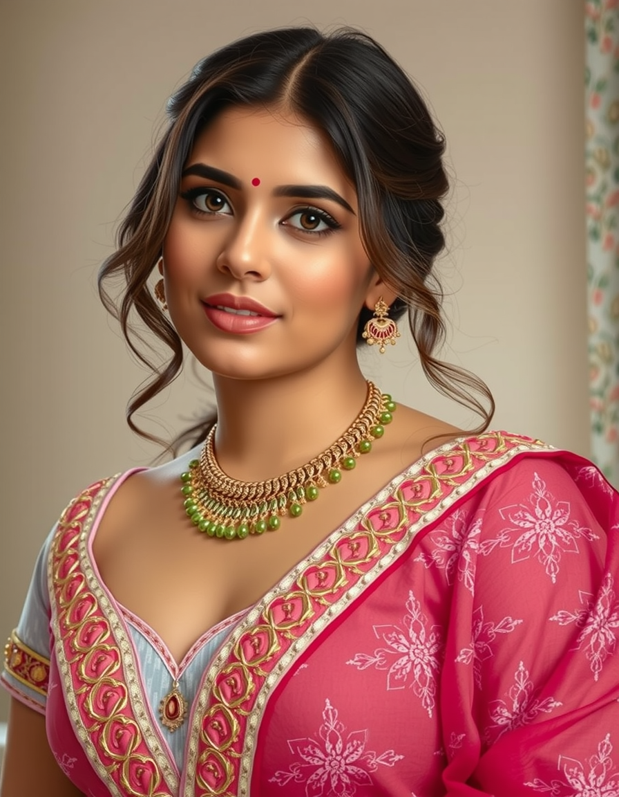 Main art studio: Edit the uploaded photo. Keep exact face, skin, hair, jewelry, pose (right arm behind head, left hand holding saree), camera angle, and background (wa