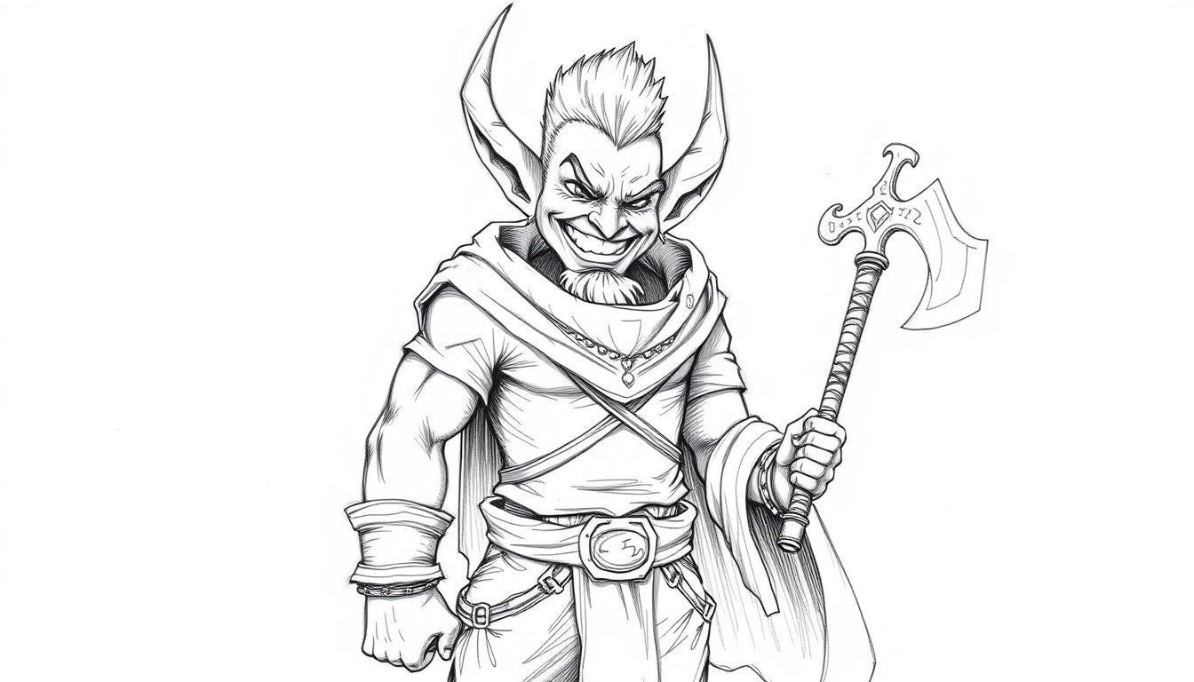 Main art studio: Eine Bleistiftzeichnung von eine Zwerg im DnD Stil. Er ist muskulös und nicht dick. Er trägt ein Tshirt und darüber einen Umhang und eine Hose. Er hat