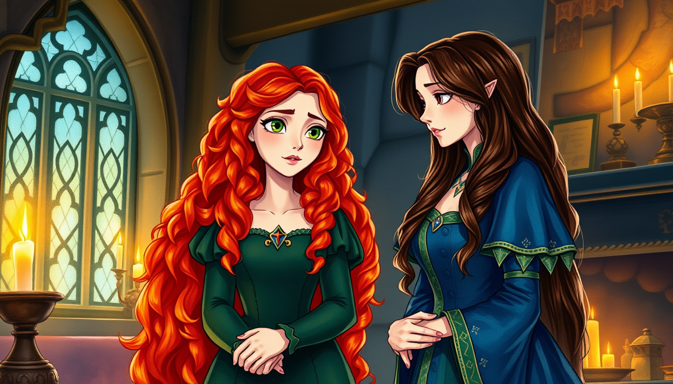 Main art studio: Inside DunBroch castle, Merida stands beside Queen Elinor. Merida has very long wild curly bright red hair, green eyes, and a dark green medieval dres