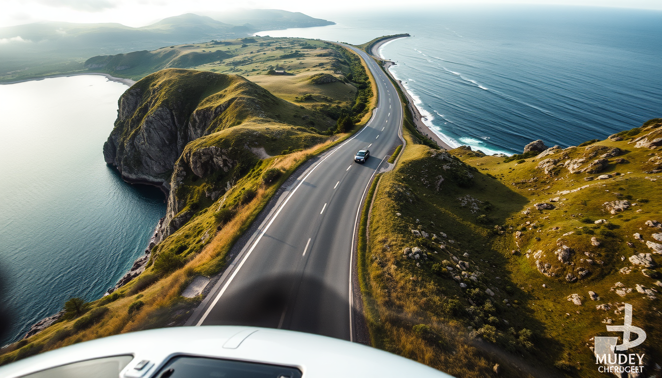 Main art studio: Ein Auto auf einer Landstraße. Links berge, rechts das Meer. Eher dunklere Bildsprache. Bild von oben in der Helikopteransicht.