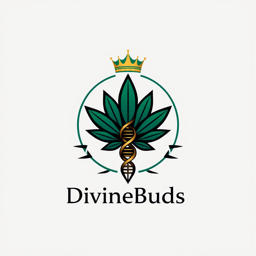 Logo idea: logo design, clean minimal mark, bold simple shapes, balanced composition, Create a premium cannabis breeder-style emblem for “DivineBuds420”. Combine