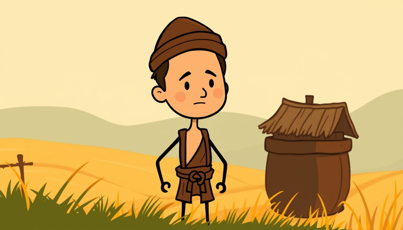 AI Art prompt example created from the prompt: 2D stickman cartoon, warm cinematic colors, thick black outlines, expressive character, simple detailed background, clean hand-drawn animati