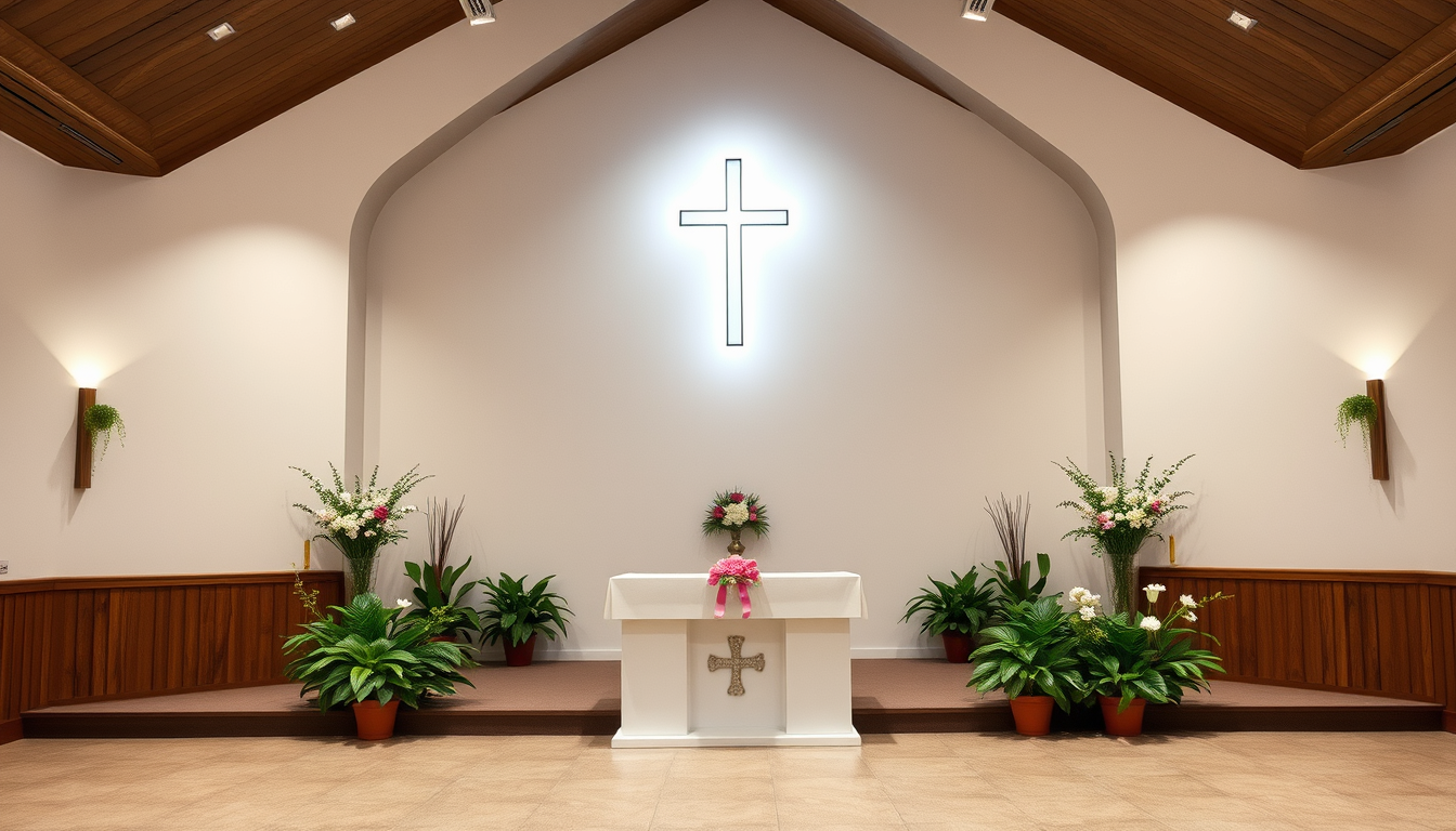 Main art studio: altar para una para iglesia evangélica de Asambleas de Dios, incluye 2 gradas redondeadas que cubra todo el espacio, en la esquinas otras gradas qué s