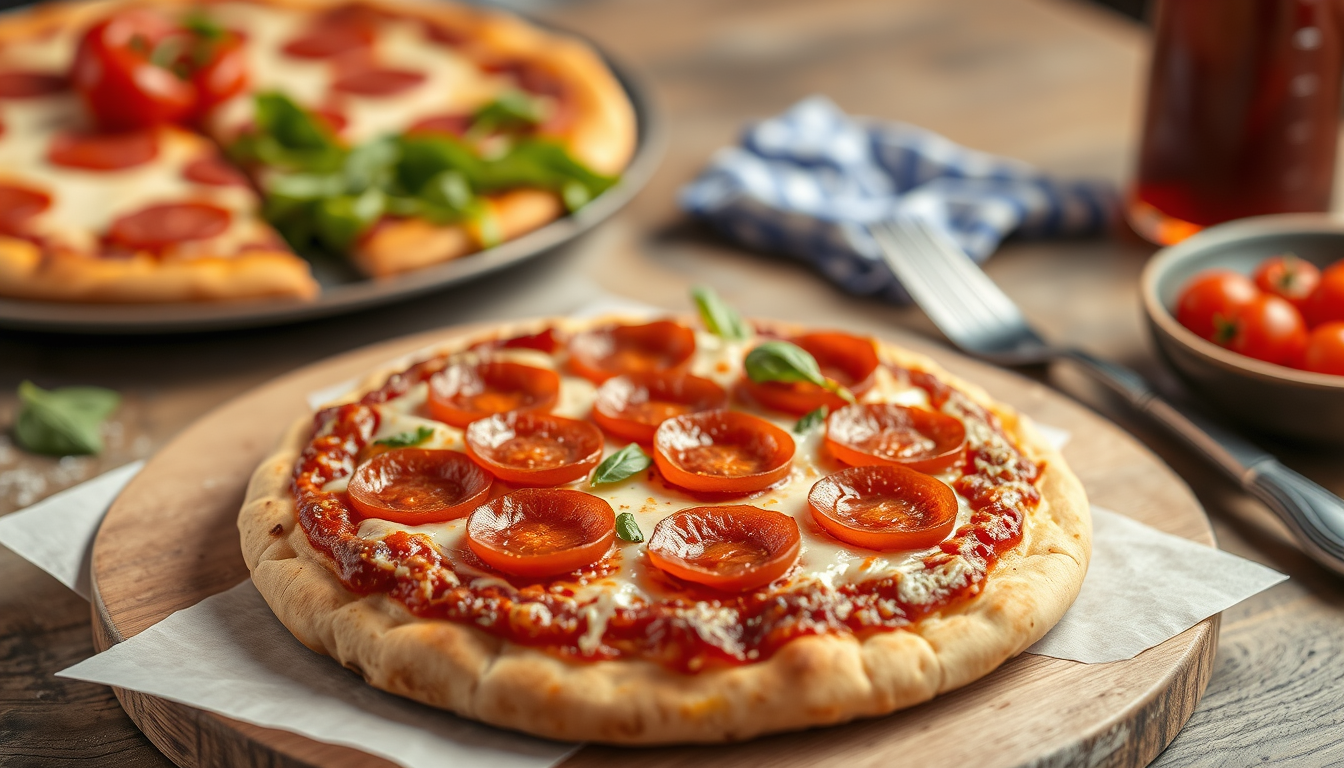 Food idea: fictional food image, appetizing but plausible texture, intentional plating and props, Super pepperoni blast pizza , controlled depth of field, natura