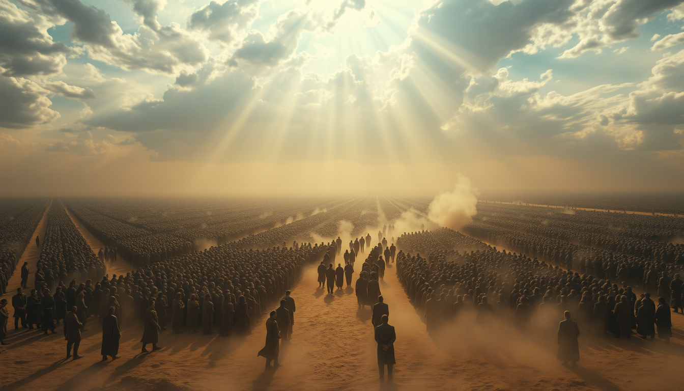 Main art studio: Terrifying resurrection scene on an endless dusty plain, huge crowds stretching toward the horizon. The background shows a dramatic sky filled with sw