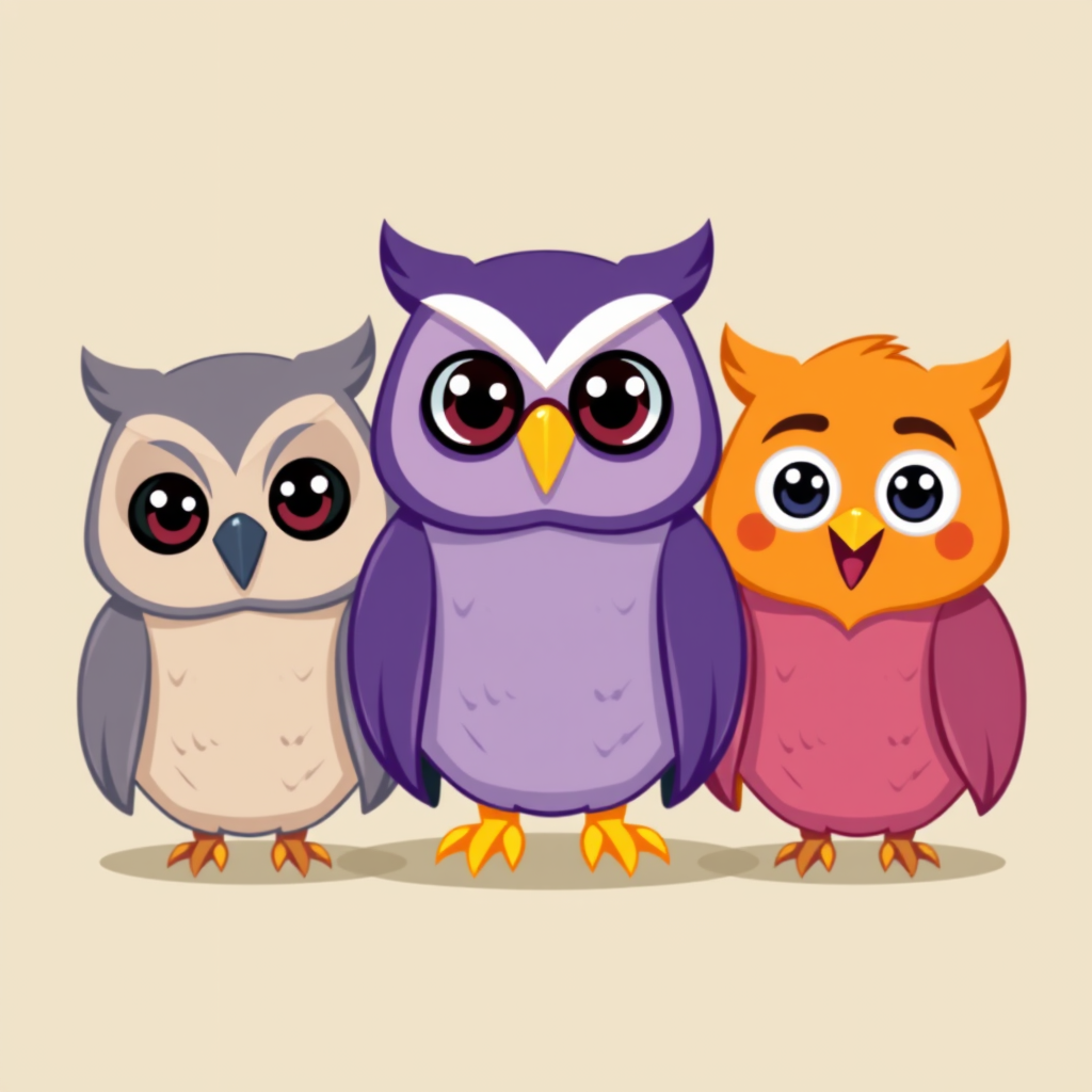 Main art studio: Modern university study app mascot, exactly three adorable cartoon owls side by side. Heads slightly turned toward center, natural spacing. All eyes f
