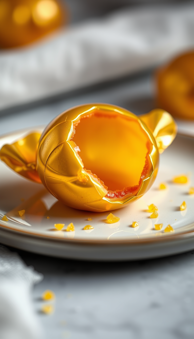 Main art studio: Hyper-realistic golden candy ASMR, vertical 9:16. A glossy golden candy sphere rests on a ceramic plate. Fine cracks slowly spread across the shell be
