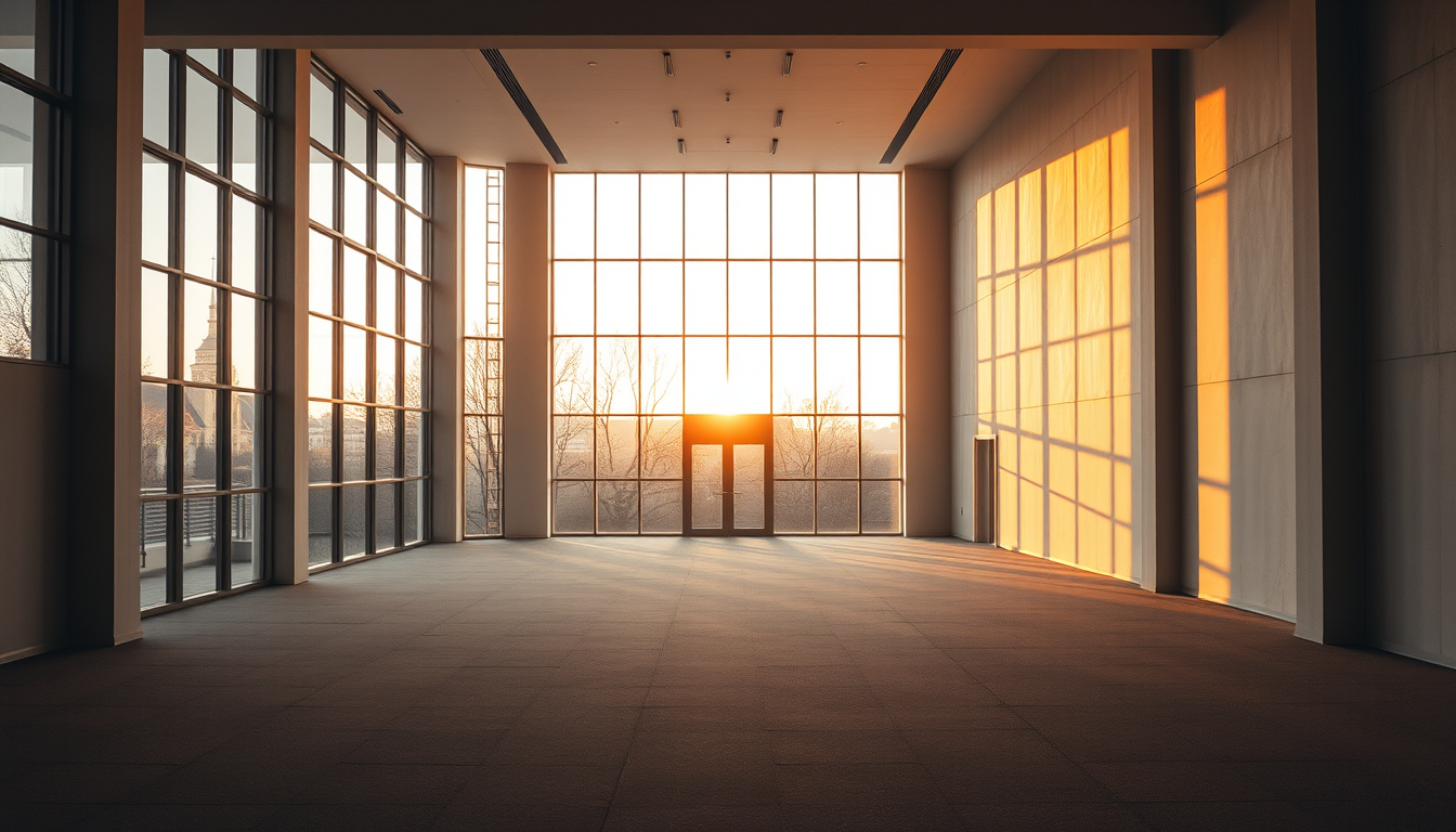 Main art studio: photograph of an empty Bauhaus interior at golden hour