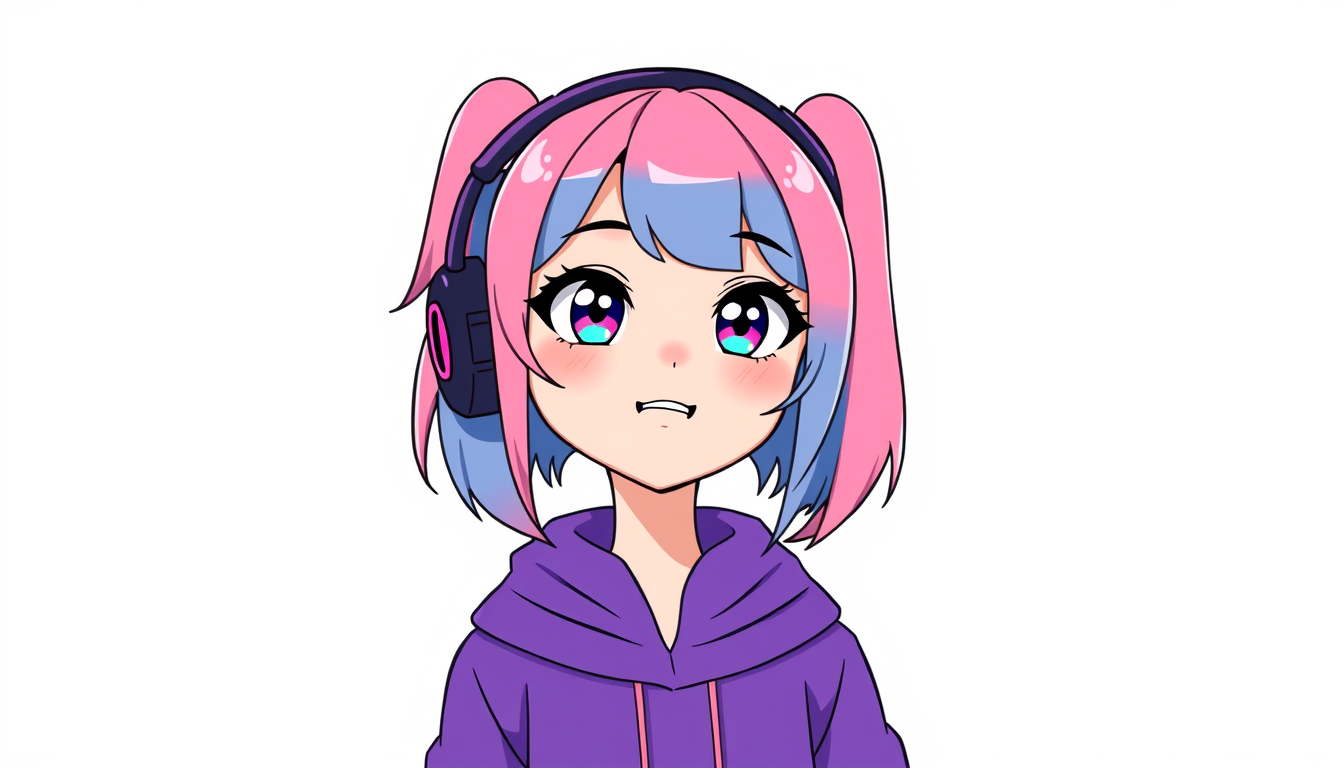 VTuber idea: vtuber avatar character, anime style, expressive face, streaming-ready design, a cool girl with blue and pink hair, she also has headphones on and she