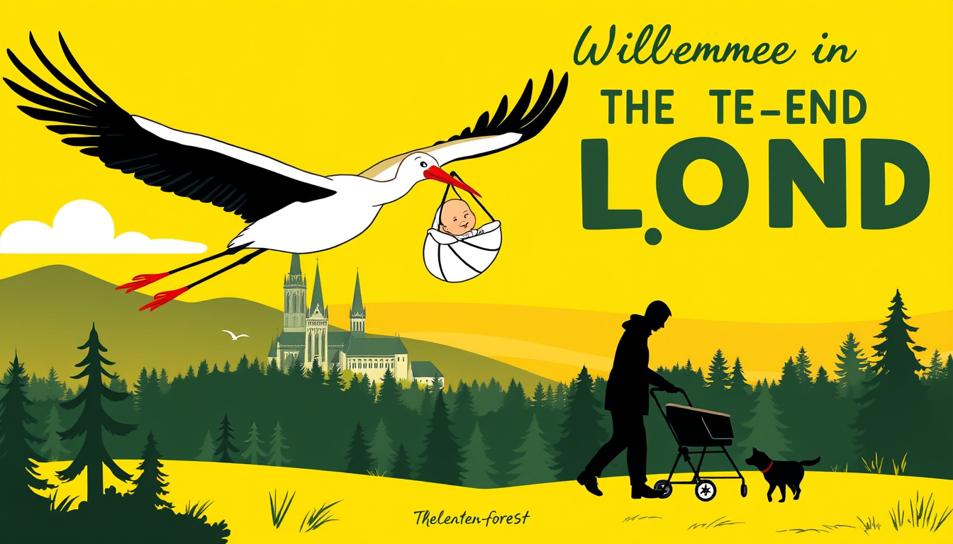 AI Art prompt example created from the prompt: I want a stork flying over a stylized Black Forest landscape, with the silhouette of Freiburg and its cathedral visible in the background. T