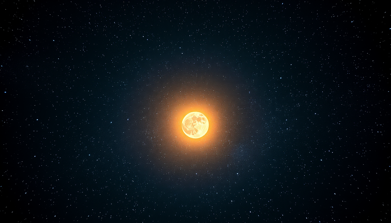 Main art studio: A brilliant night sky filled with countless shining stars, eleven bright stars, a radiant sun and a glowing moon bowing symbolically in the heavens, b