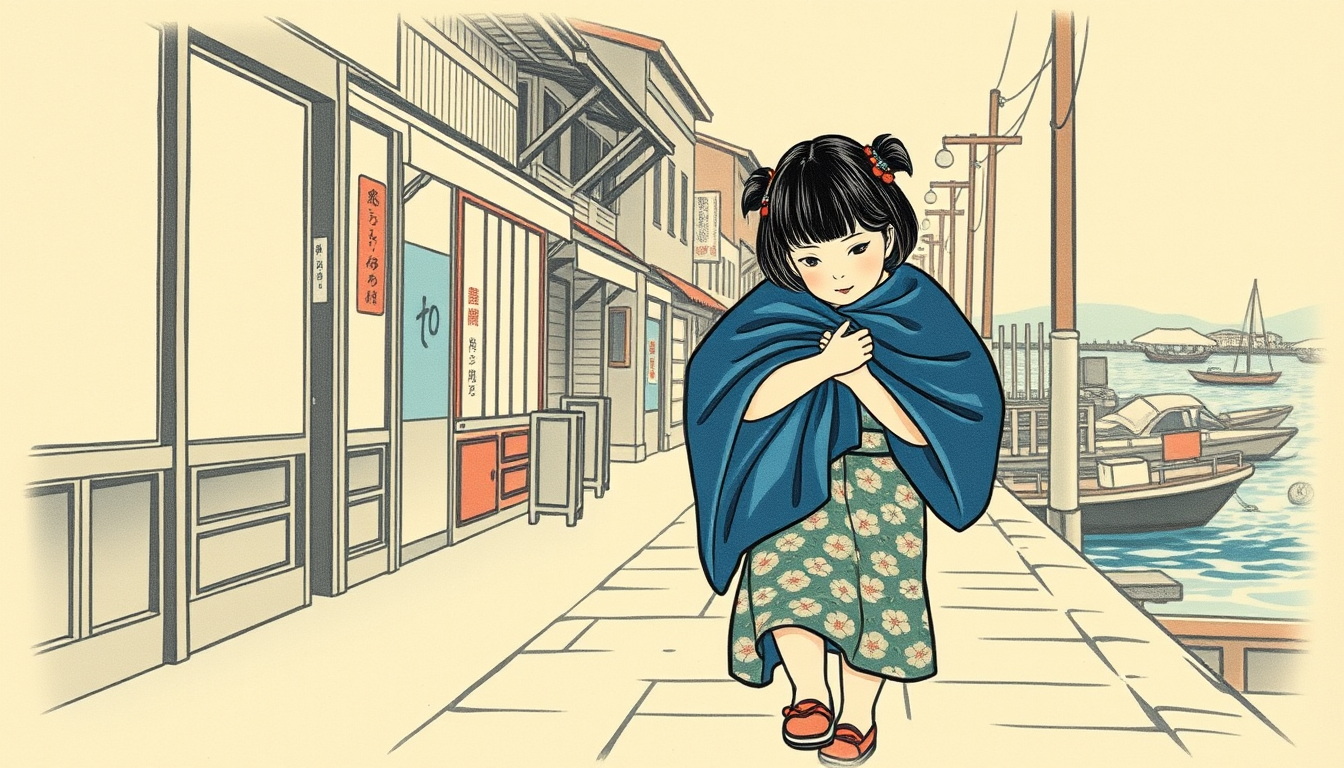 Main art studio: A little Japanese girl is walking along a street past old shops, the beach can be seen as well as the docks below with boats in the water. She is carr