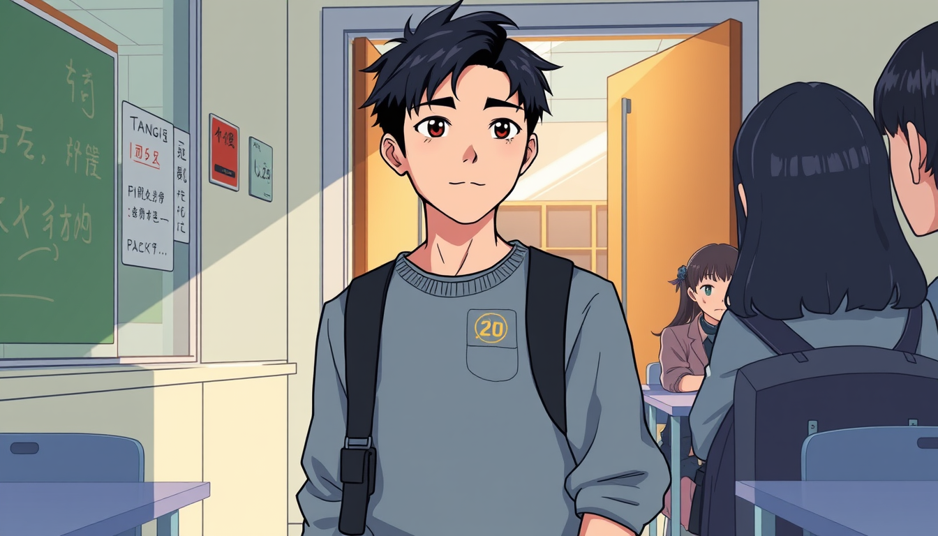 Pixel Art idea: pixel art, 32-bit retro style, limited color palette, clear readable design, Su Chen enters a modern high-school classroom after being rejected by Tan
