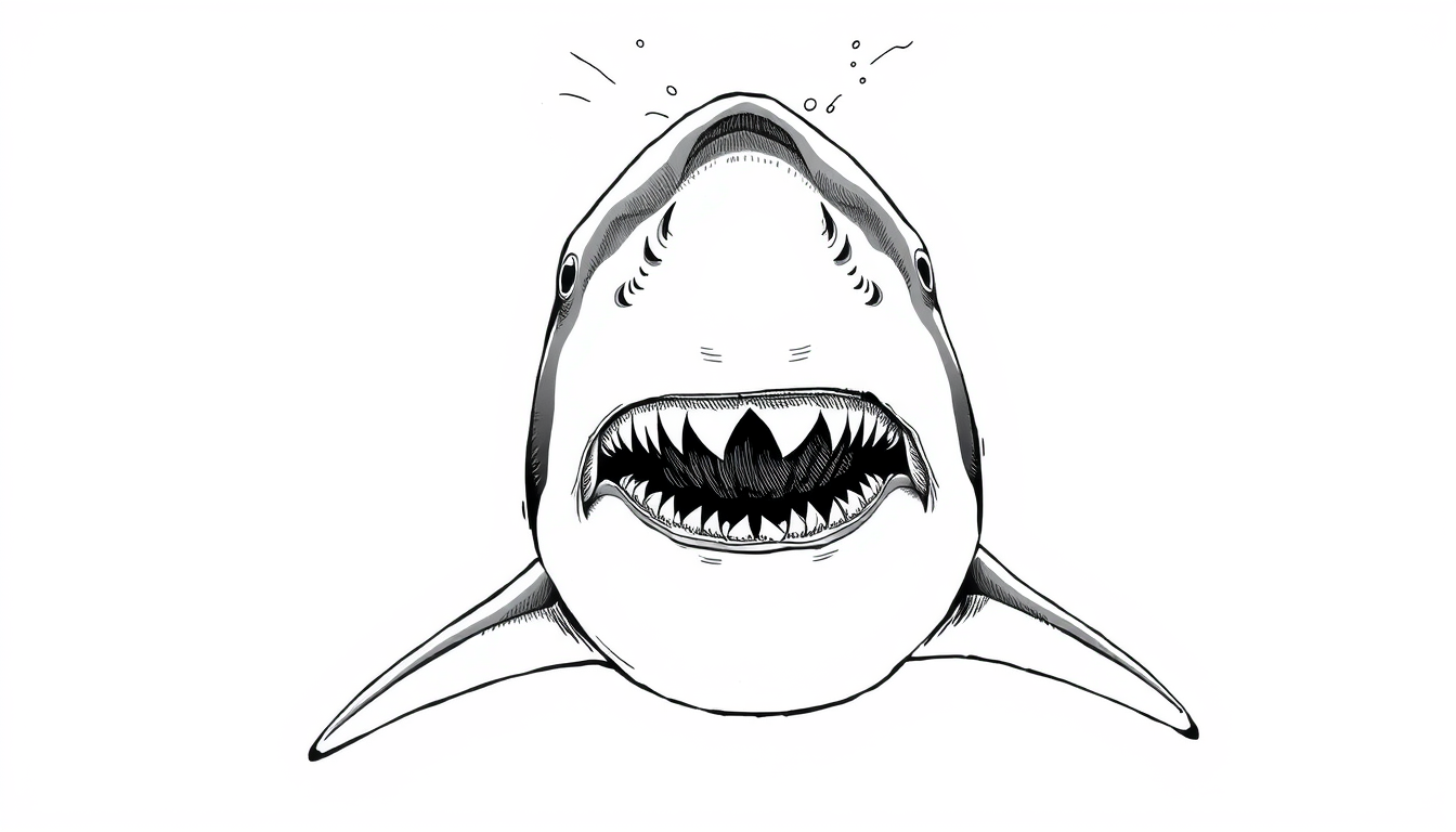 Main art studio: A big white shark front, the camera is low looking up to the shark. Black ink ilustration, without color, only black and white. japanese ink style art