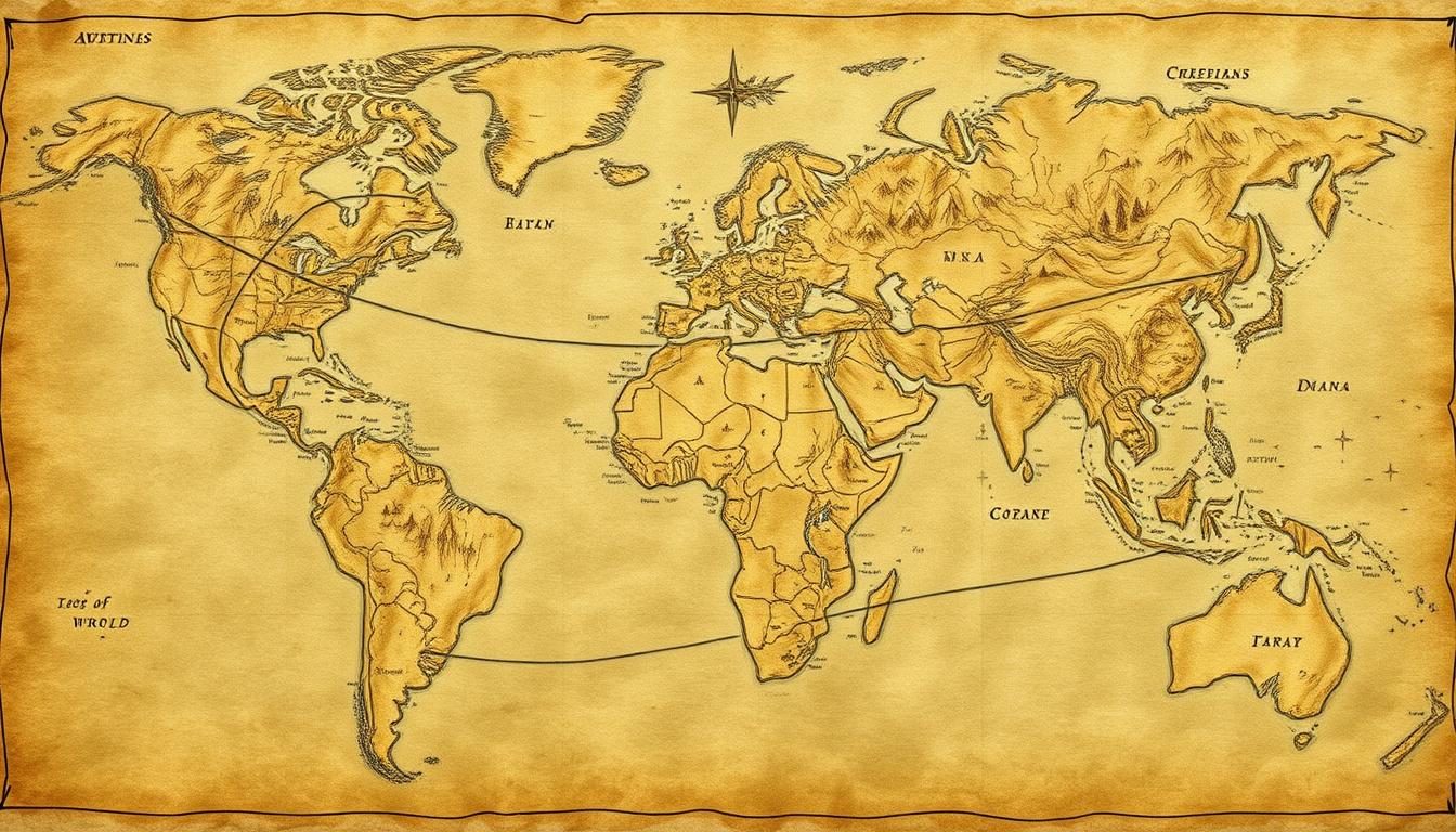 Fantasy Maps idea: fantasy world map, hand-drawn cartography, aged parchment, mountains forests and coastlines, Fantasy rpg map of entire world. Based losely on earth. N