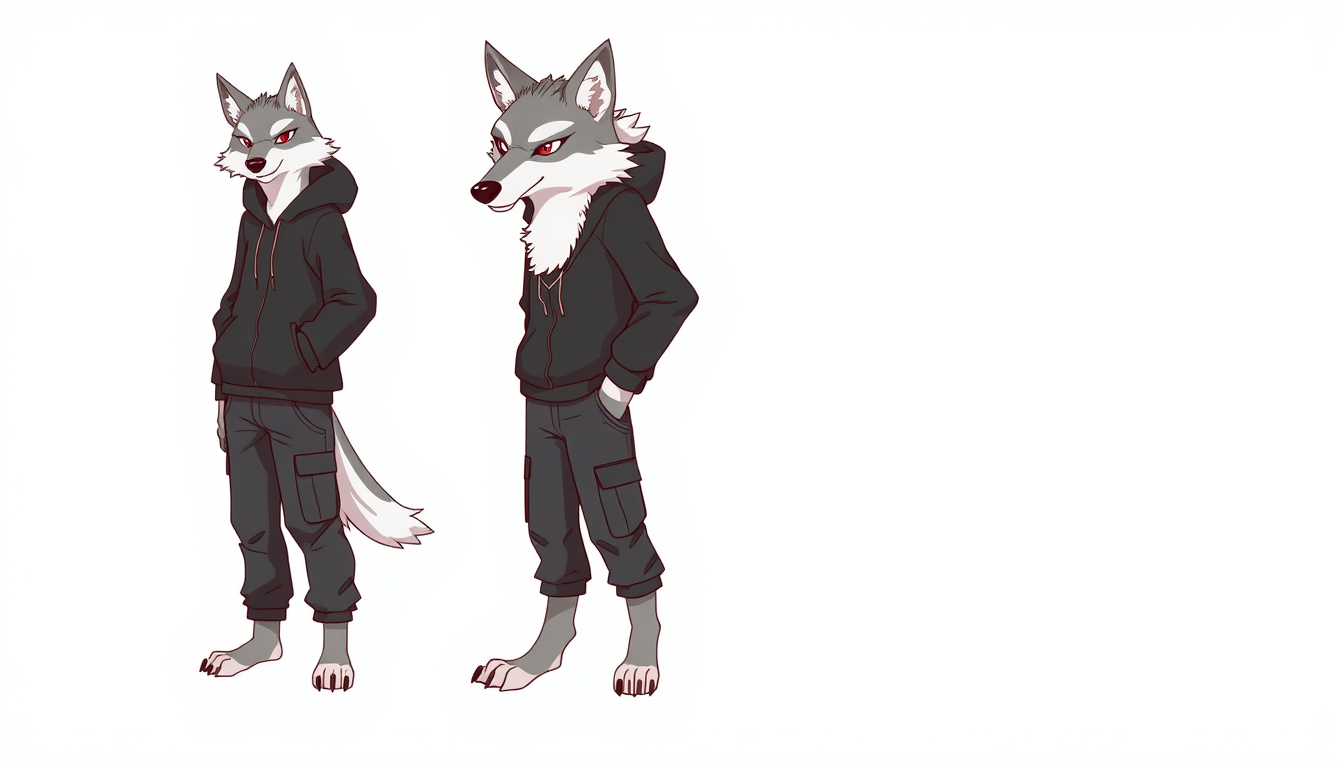 Fursona idea created from the prompt: fursona character, anthropomorphic animal design, expressive personality, reference sheet style, Full body anthropomorphic wolf, standing up