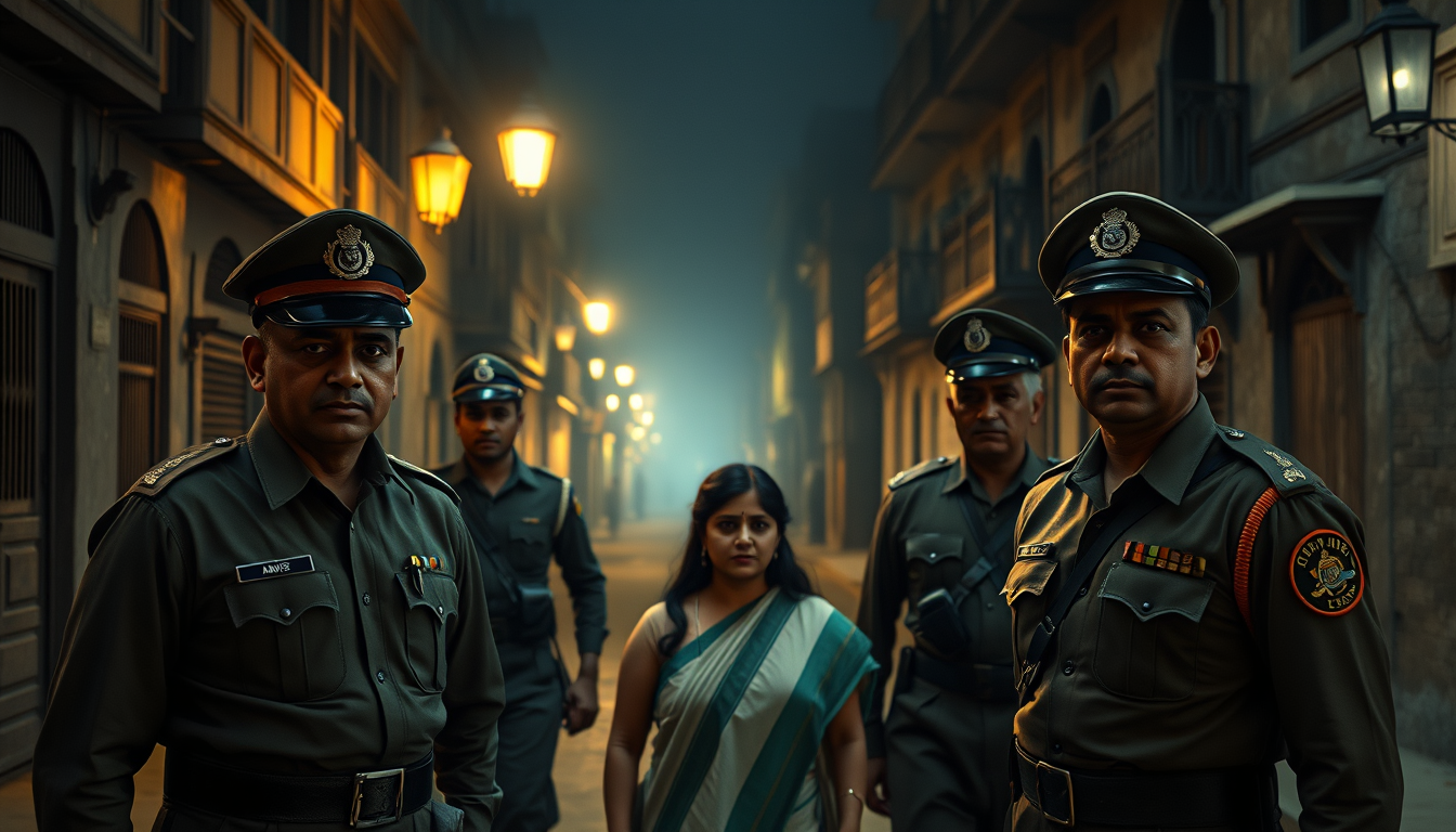 Main art studio: Ultra photorealistic cinematic 4K historical scene, British Indian police officers arriving at a quiet 1940s Indian street with lanterns, Neera Arya s