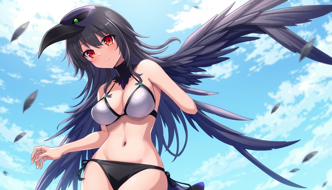 Main art studio: anime crow girl wearing a bikini with feathers coming out of her face and skin