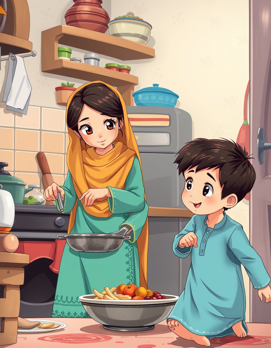 Anime idea created from the prompt: anime style, vibrant colors, expressive eyes, A loving Pakistani mother in a simple traditional shalwar kameez and dupatta is busy preparing