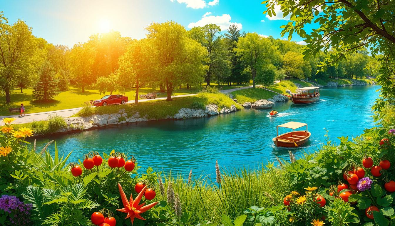 Main art studio: Today is very sunny and hot weather. My family has got a big red car. We drive a car to the green park. The park has got a big blue river with a brown