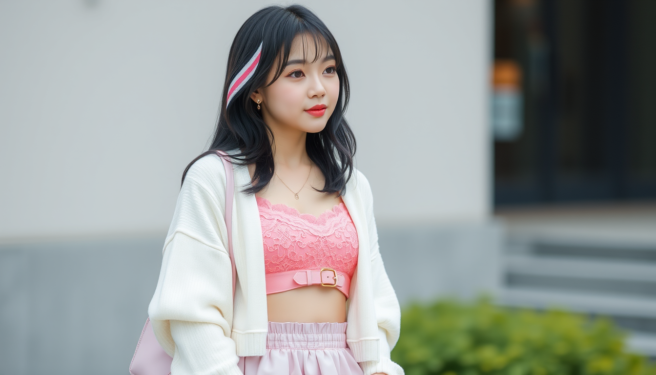 Main art studio: a cute slim korean girl with black hair, a pink laced crop top and a white, open-fronted jumper. a short ruffled pink and white skirt, and a white and