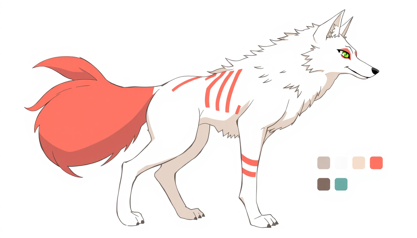 Fursona idea created from the prompt: fursona character, anthropomorphic animal design, expressive personality, reference sheet style, A white wolf standing on its hind legs like