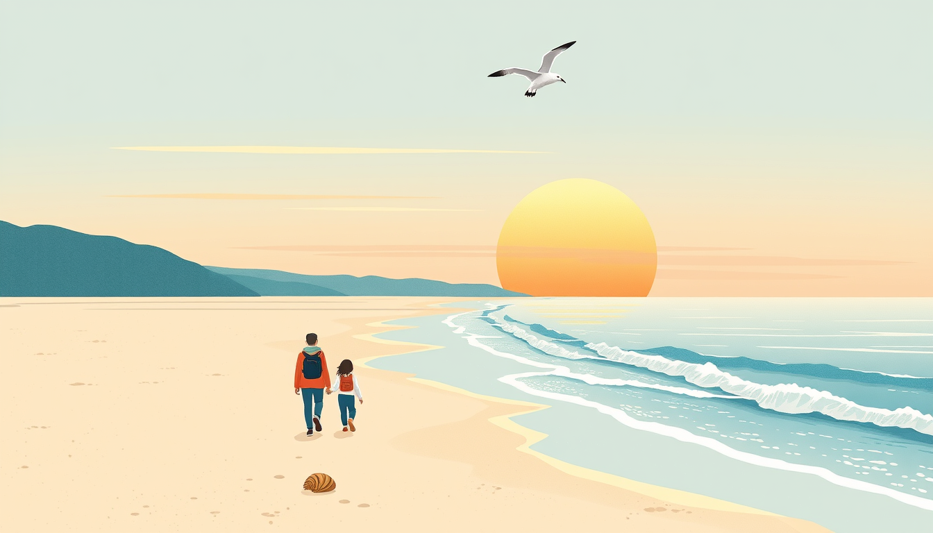 Main art studio: Create a premium family travel T-shirt illustration inspired by Muchangpo Beach in Boryeong, Korea. Show the famous tidal sea road, wide mudflats, gen
