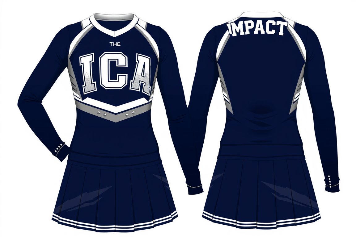 Main art studio: Cheer uniform, detailed and NOT simple. Long-sleeve fitted athletic top with a full-length torso, no exposed belly. Deep navy blue, white & silver. La