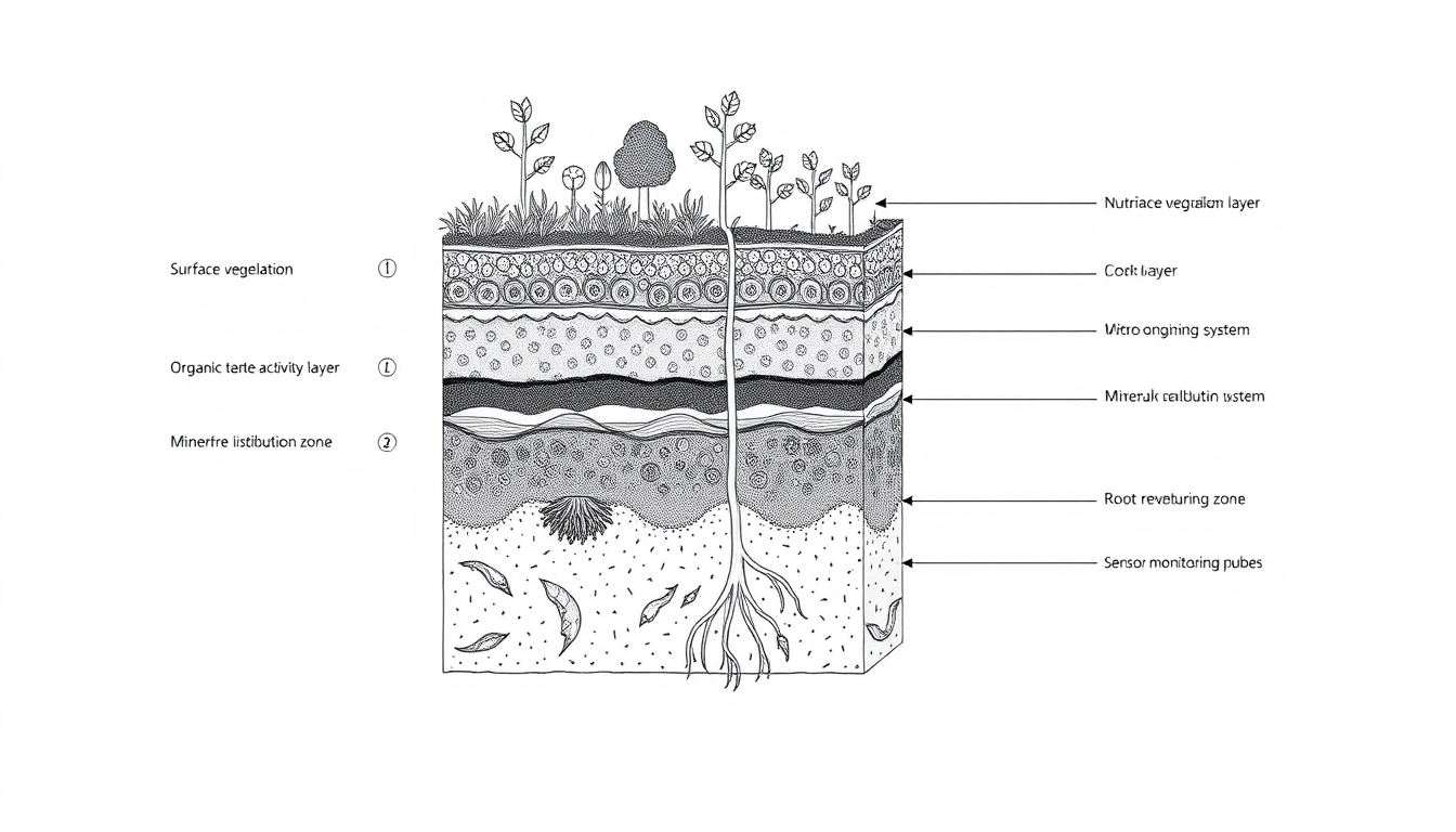 Main art studio: Show a vertical soil cross-section with: 1. Surface vegetation layer 2. Organic matter layer 3. Microorganism activity zone 4. Mineral distribution sy