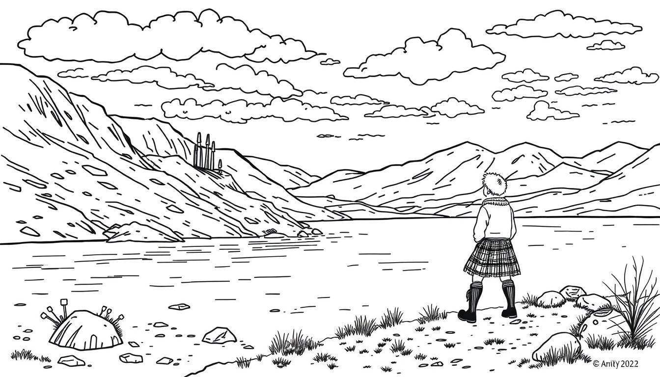 Main art studio: Créer 20 illustrations distinctes pour un livre de coloriage destiné aux enfants de 4 à 7 ans. Thème : Écosse, kilt, loch ness. Une scène différente p