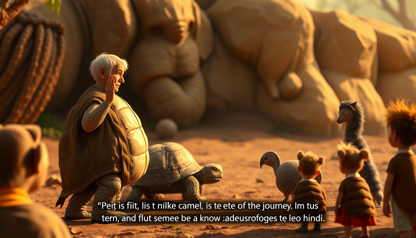 AI Art prompt example created from the prompt: The elderly wise tortoise stands before the gathered animals and children-like young animals, sharing the moral of the journey. 0–2 sec: Tor