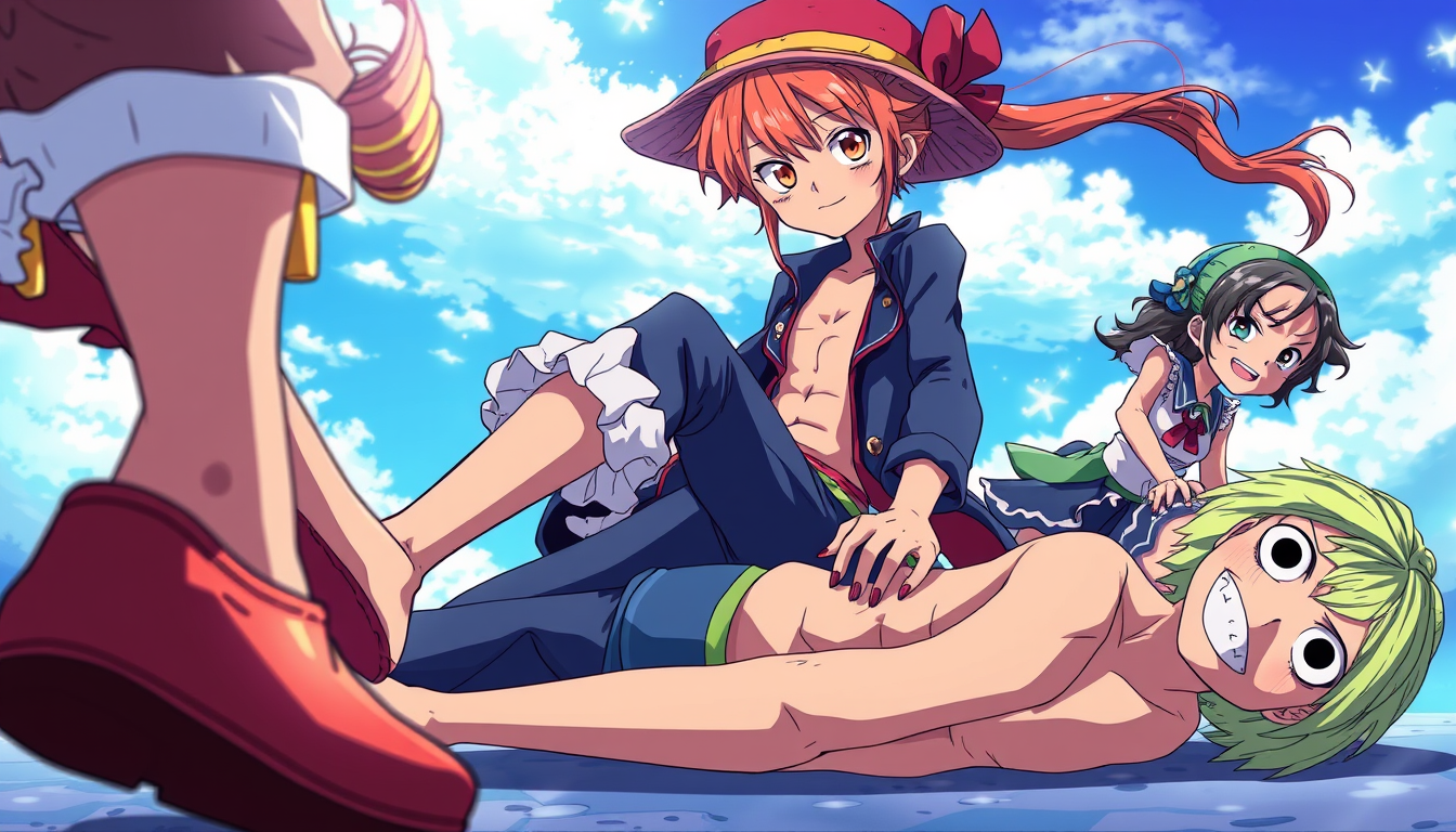 Anime idea: anime style, vibrant colors, expressive eyes, Erstelle ein Bild wo doll ihren Fuß auf ace setzt während er am Boden liegt und eins wo sie sabo im Kamp