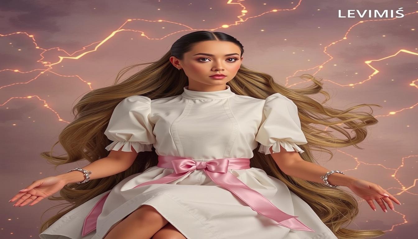 Main art studio: transformer en barbie humaine brune épaules restructuré Robe courte noir rose en haut et blanche en bas manches longues qui gonfle beaucoup les épaule