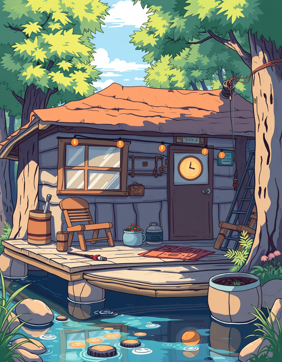 Anime idea: anime style, vibrant colors, expressive eyes, create a cozy fishing cabin with simple Toon cel-shaded artstyle , detailed anime illustration