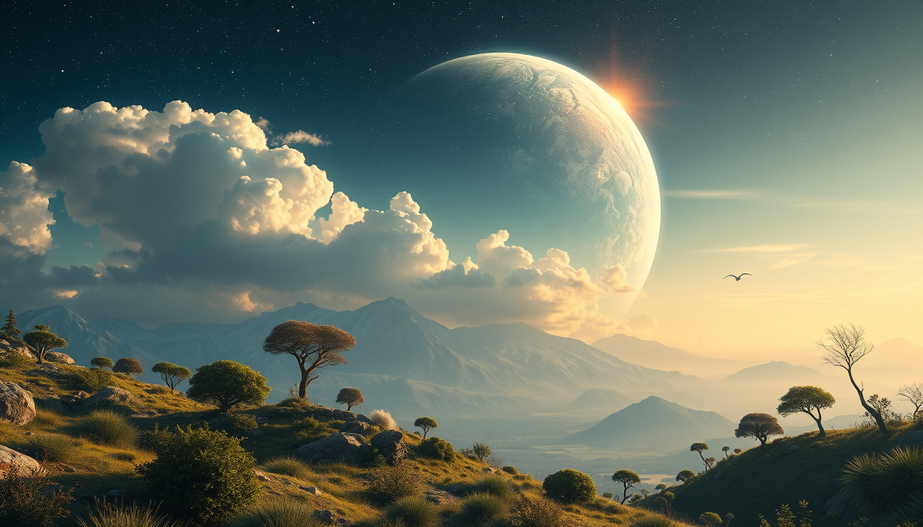 Landscape idea: beautiful landscape, scenic, detailed environment, Paisaje ficticio de planeta habitable donde muestre animales y plantas adaptadas a la luz de una es