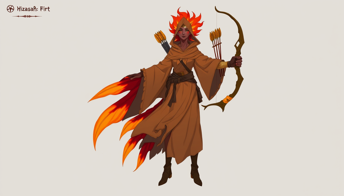 Main art studio: Character reference sheet of an ancient, divine warrior guardian grandma with a lean, archer build and dark tanned skin. She has flame shaped hair whi