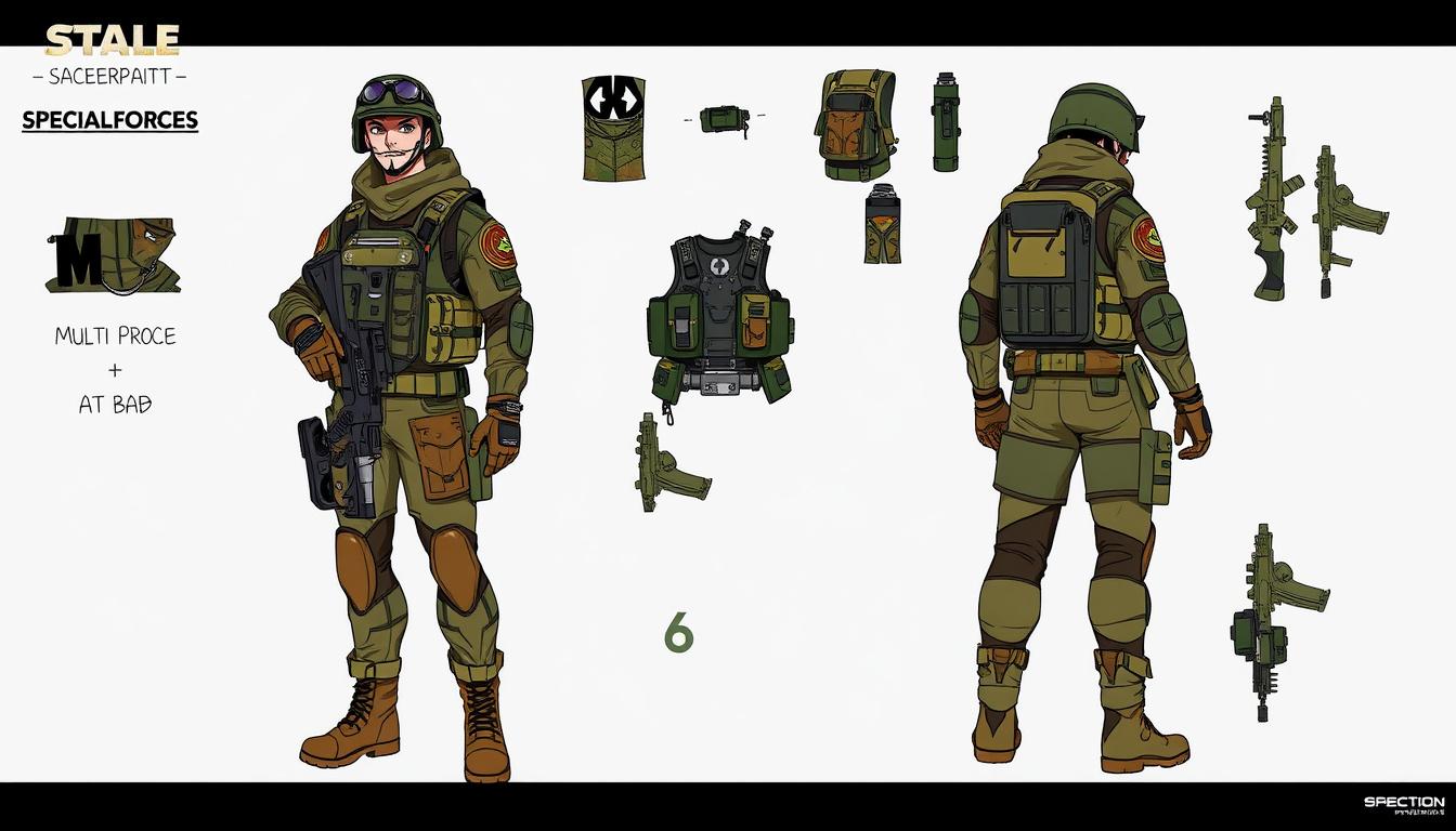 Character idea created from the prompt: original character design, detailed outfit and accessories, expressive personality, tactical special forces soldie with multi cam clothes, t