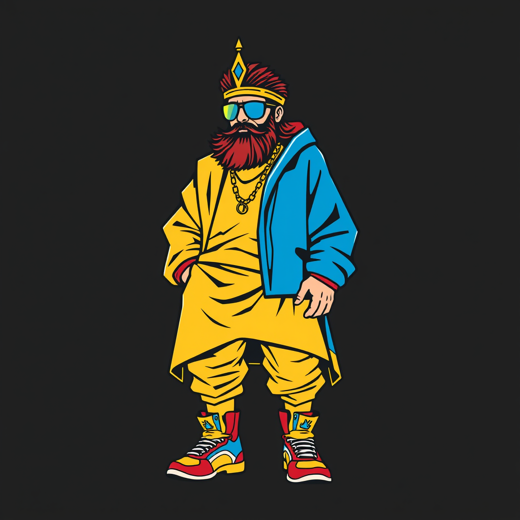 Main art studio: writing{variant=“standard” id=“42617”} Contemporary graphic portrait of Cyrus the Great wearing oversized modern streetwear and sneakers, bold express