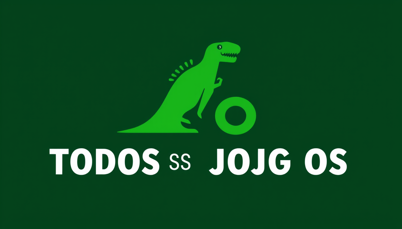 Logo idea: logo design, clean minimal mark, bold simple shapes, balanced composition, Escrito: TODOS OS JOGOS, cor VERDE SOLIDO. Antes do nome tem um dinossauro.