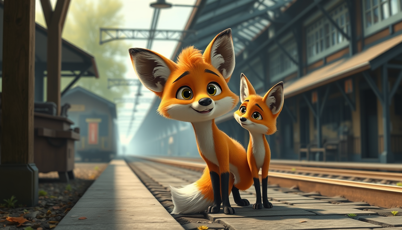 Main art studio: Niedlicher orangefarbener Fuchs an einem alten Bahnhof, 3D-Cartoon-Stil, filmisch, emotional, Hochformat 9:16. 🦊