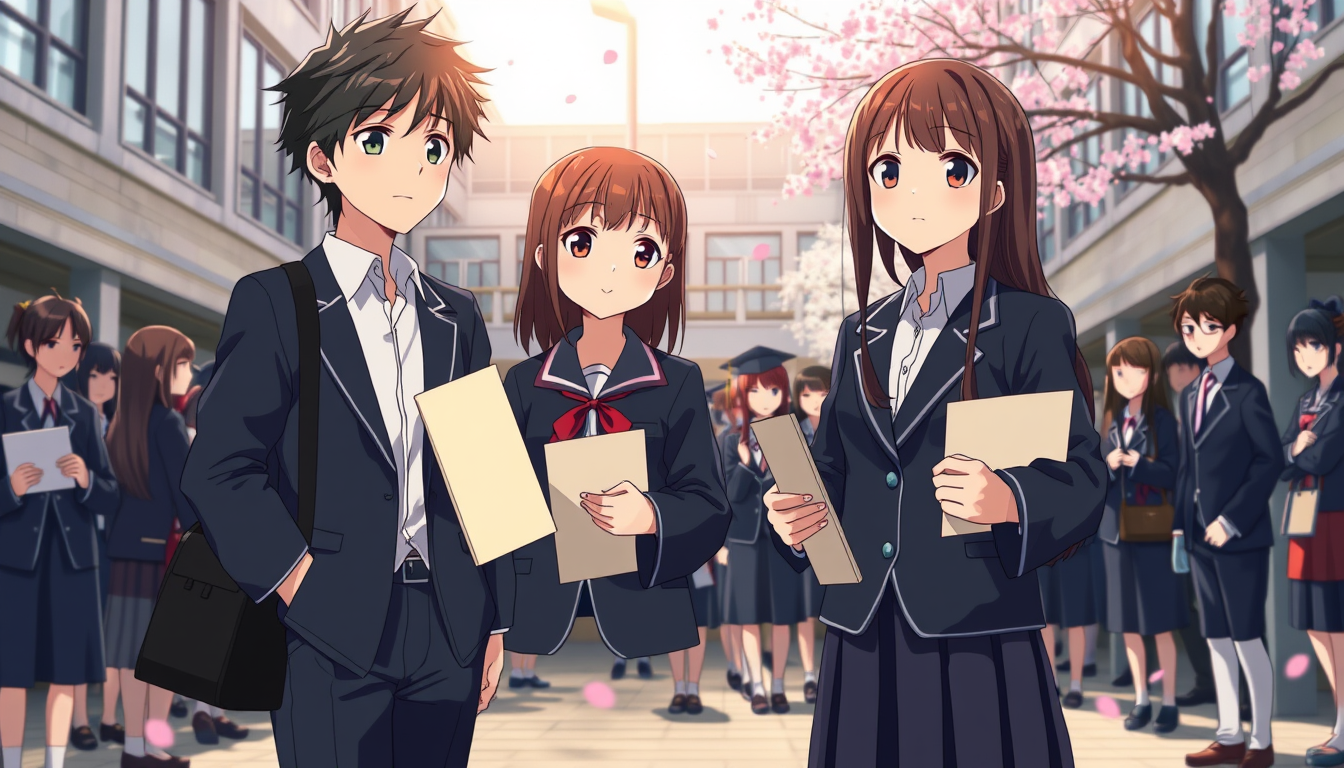 Main art studio: Create Scene 12 of the original cinematic Japanese anime romance movie October Theory. It is graduation day at a Japanese high school. Haruki Tanaka, 