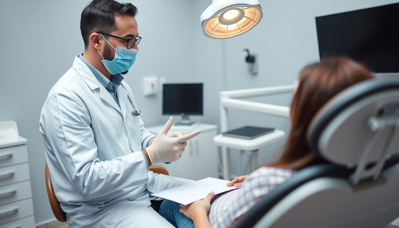 Main art studio: Retaliating image of male dental doctor talking to patient on dental chair