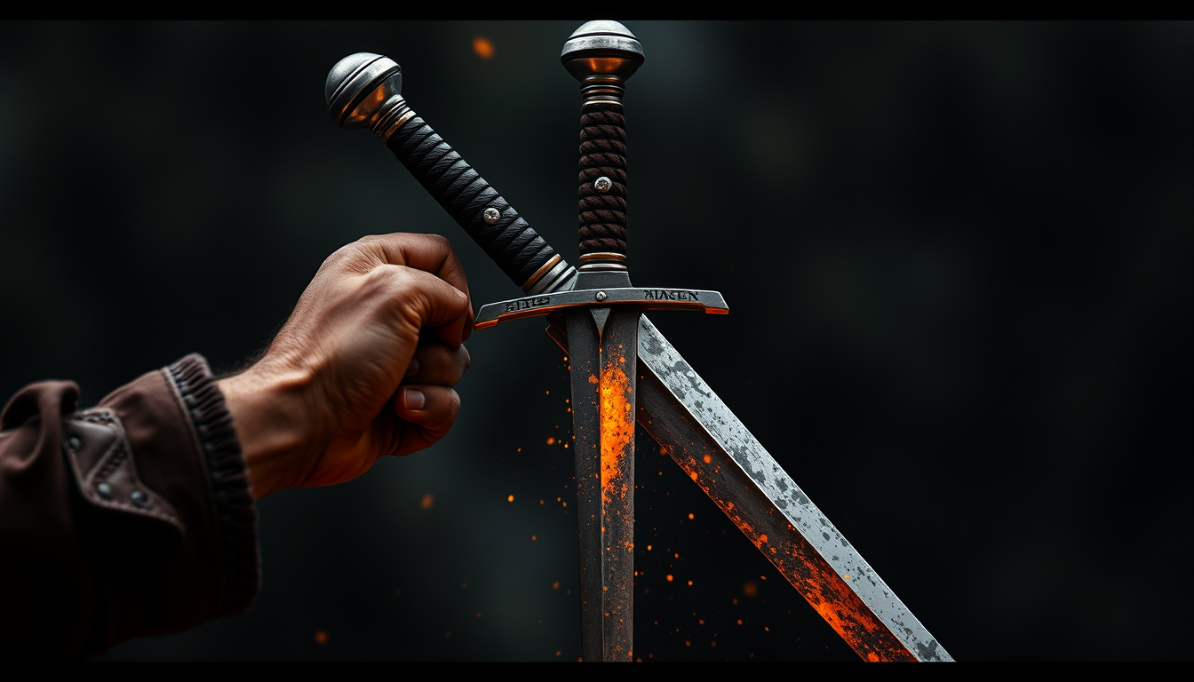 AI Art prompt example created from the prompt: Iron sharpens iron. I want two swords sharpening each other