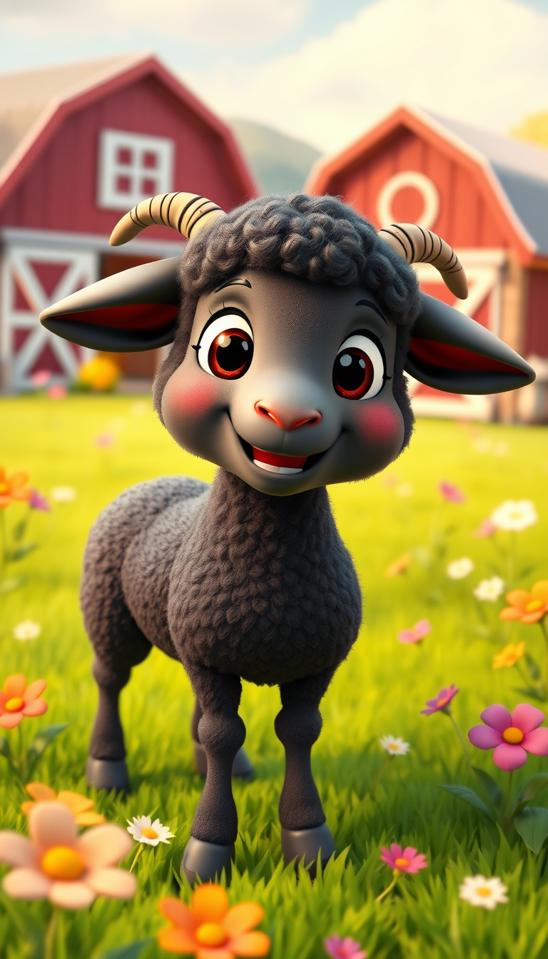 Main art studio: A cute fluffy black sheep with a friendly smiling face, big expressive eyes, small curled horns, soft 3D children's animation style, colorful cheerful