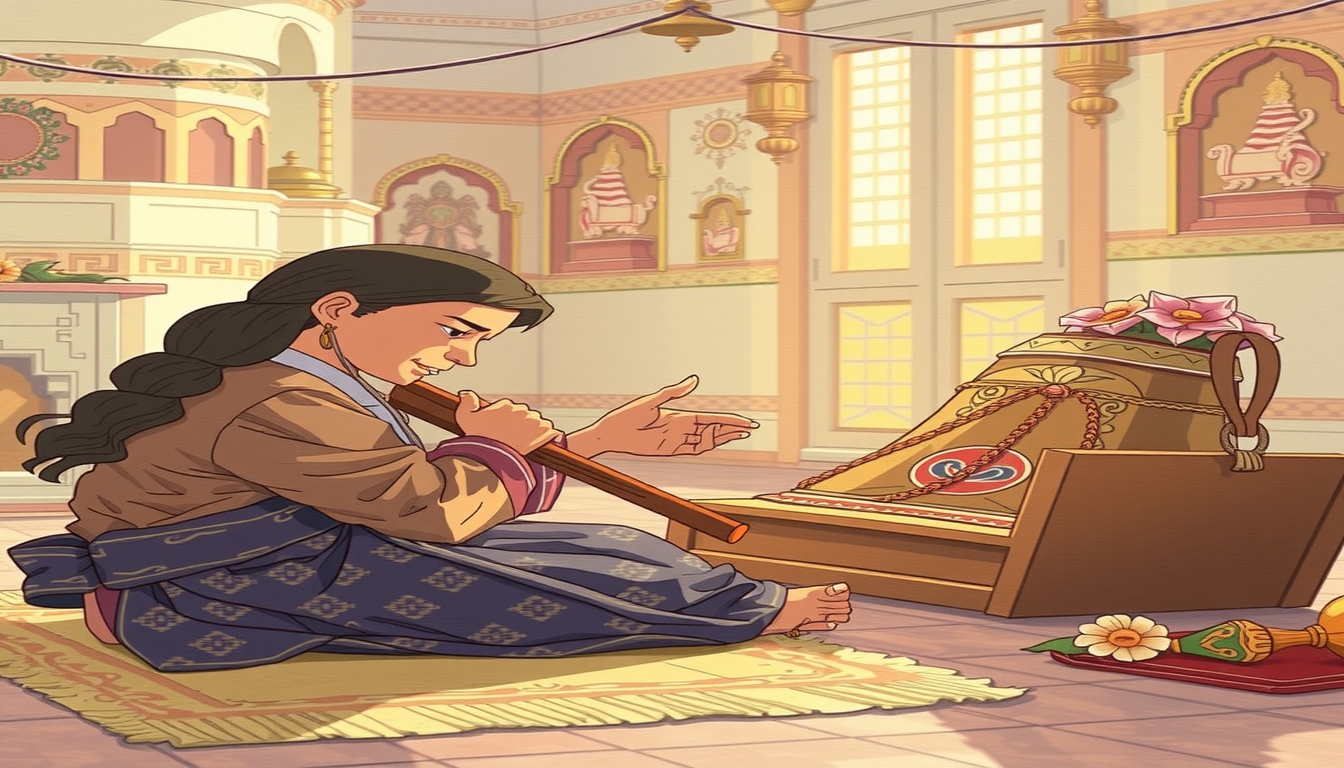 Main art studio: animation. No dialogue, no speech, no subtitles, no text. Only soft temple bells and peaceful devotional instrumental music. Vertical 9:16.